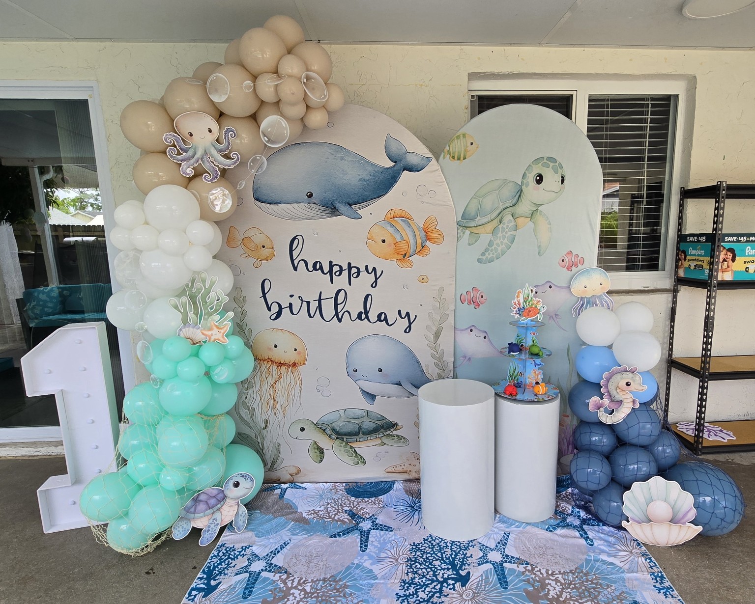 First birthday under the sea balloon decoration with whales turtles and ocean animals by AABallons