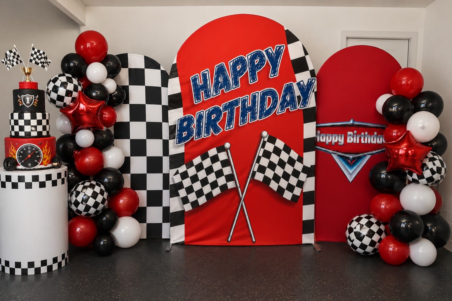 Race car birthday balloon decoration with checkered flags and red black and white balloons by AABallons